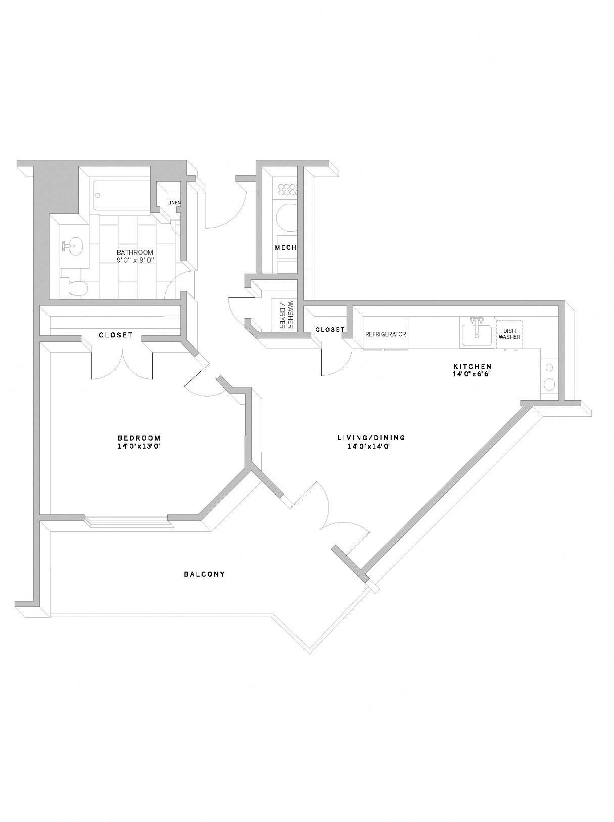Floor plan for 1 bed, 1 bath, 705 sqft